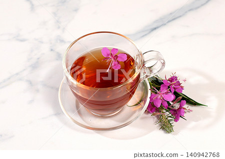 Fireweed infusion in glasses with bouquet of flowers, medicinal herbal tea, alternative folk medicine concept, green pharmacy advertisement,collection of beneficial herbs for folk medicine, Fireweed infusion in glasses with bouquet of flowers, medicinal herbal tea, alternative folk medicine concept, green pharmacy advertisement,collection of beneficial herbs for folk medicine, 140942768