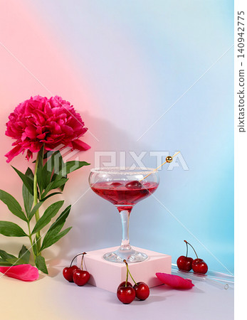 Iced cherry punch with ice for a party, modern still life with summer alcoholic cocktail and burgundy peonies on a modern sunny background, minimalist concept for a bar and cafe, advertising banner Iced cherry punch with ice for a party, modern still life with summer alcoholic cocktail and burgundy peonies on a modern sunny background, minimalist concept for a bar and cafe, advertising banner 140942775