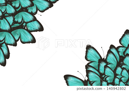 Turquoise butterfly corner frame with elegant wings and generous copy space. Decorative nature template for invitations, greeting cards, wedding stationery, posters, and branding Turquoise butterfly corner frame with elegant wings and generous copy space. Decorative nature template for invitations, greeting cards, wedding stationery, posters, and branding 140942802