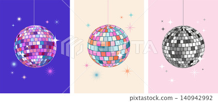 Shiny disco ball vertical poster templates with mirror mosaic tiles and sparkling reflections. Retro Shiny disco ball vertical poster templates with mirror mosaic tiles and sparkling reflections. Retro 140942992