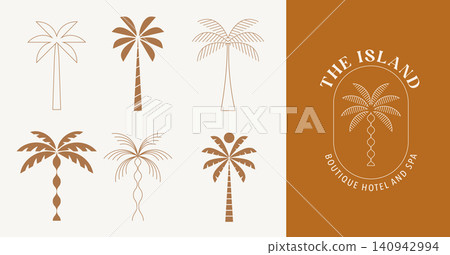 Aesthetic tropical palm tree logo collection for boutique hotels, luxury resorts and island Aesthetic tropical palm tree logo collection for boutique hotels, luxury resorts and island 140942994