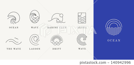 Minimalist abstract sea, ocean and wave line art logos collection. Minimal linear marine and coastal Minimalist abstract sea, ocean and wave line art logos collection. Minimal linear marine and coastal 140942996