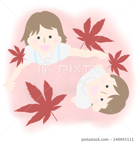 An illustration of children looking up and smiling, enjoying the autumn leaves (maple leaves). (White background) An illustration of children looking up and smiling, enjoying the autumn leaves (maple leaves). (White background) 140943111