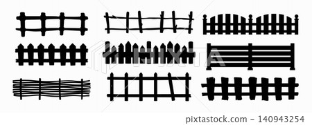Wooden ranch fence barriers or farm and garden pickets or yard gates black silhouette icons. Ranch fences of wood, backyard or rural house entrance or farm straw thatch stake and brushwood palisade Wooden ranch fence barriers or farm and garden pickets or yard gates black silhouette icons. Ranch fences of wood, backyard or rural house entrance or farm straw thatch stake and brushwood palisade 140943254