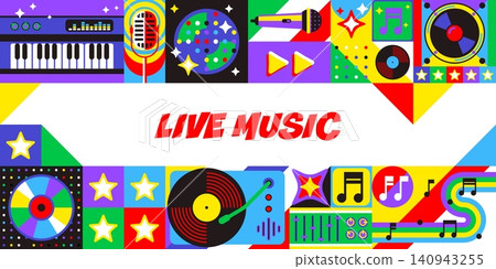 Live music banner with geometric mosaic pattern. Modern flat banner featuring piano keyboard, microphone, disco ball, vinyl record and audio mixer for music festival or concert event posters Live music banner with geometric mosaic pattern. Modern flat banner featuring piano keyboard, microphone, disco ball, vinyl record and audio mixer for music festival or concert event posters 140943255