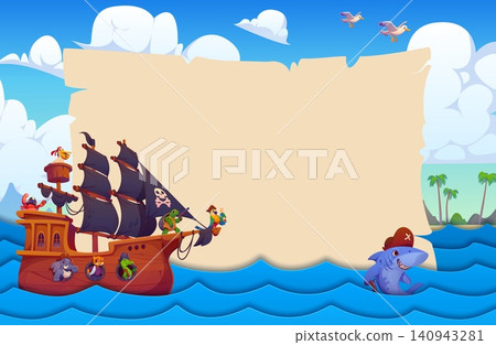 Paper cut banner with sea waves, pirates, sail ship and old paper scroll. Cartoon animal corsairs crew sails beneath a torn blank parchment banner template over blue sea with a playful friendly shark Paper cut banner with sea waves, pirates, sail ship and old paper scroll. Cartoon animal corsairs crew sails beneath a torn blank parchment banner template over blue sea with a playful friendly shark 140943281