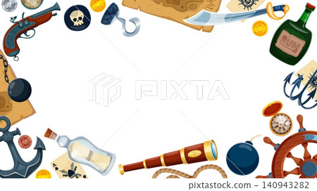 Cartoon pirate frame banner template with wide blank white copy space surrounded by flintlock pistol, skull coin, treasure map, cutlass sword and rum bottle. Nautical frame for pirate party invitation 140943282