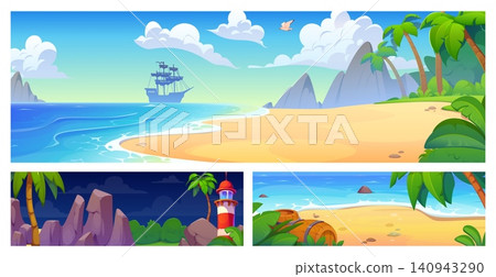 Cartoon tropical island landscape banners set. Summer beach with palm trees, sand and sail ship in blue lagoon, jungle forest, mountains and lighthouse. Tropical island landscape at day and night Cartoon tropical island landscape banners set. Summer beach with palm trees, sand and sail ship in blue lagoon, jungle forest, mountains and lighthouse. Tropical island landscape at day and night 140943290