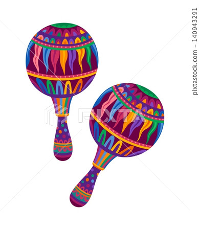 Mexican festival dance maraca music instrument. Cuba festival maraca decoration, Latin American carnival isolated vector maracas. Mexican folk musical instrument with colorful floral ornaments Mexican festival dance maraca music instrument. Cuba festival maraca decoration, Latin American carnival isolated vector maracas. Mexican folk musical instrument with colorful floral ornaments 140943291