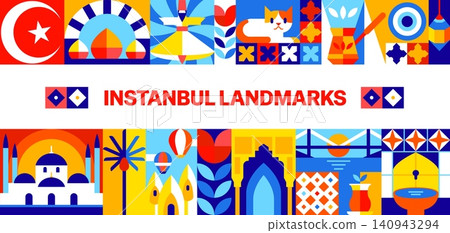 Turkey Istanbul travel landmarks banner with geometric mosaic pattern ornament. Turkish mosque with domes and minaret, Bosphorus bridge, tulip motifs, hot air balloons, cat, traditional coffee cezve 140943294
