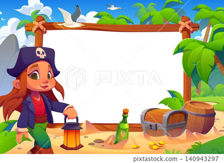 Cartoon funny girl pirate with lantern near wooden banner at tropical island. Cheerful girl corsair on a sunny beach with palm trees, coins, treasure chest, barrel and a message bottle, frame template Cartoon funny girl pirate with lantern near wooden banner at tropical island. Cheerful girl corsair on a sunny beach with palm trees, coins, treasure chest, barrel and a message bottle, frame template 140943297