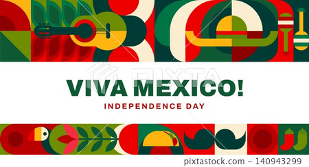 Viva Mexico Independence day banner with geometric mosaic pattern. Background with sombrero, guitar, maracas, taco and chili motifs conveying festive patriotism, celebration, music and cultural pride Viva Mexico Independence day banner with geometric mosaic pattern. Background with sombrero, guitar, maracas, taco and chili motifs conveying festive patriotism, celebration, music and cultural pride 140943299