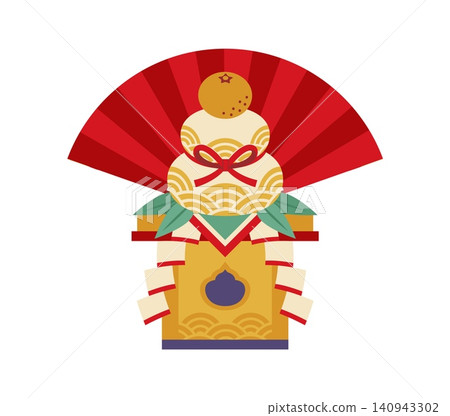 Cartoon Kagami mochi display with stacked rice cakes topped by a daidai orange citrus fruit on decorative stand and red fan background, conveying Japanese New Year tradition, offering and good luck Cartoon Kagami mochi display with stacked rice cakes topped by a daidai orange citrus fruit on decorative stand and red fan background, conveying Japanese New Year tradition, offering and good luck 140943302