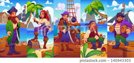 Cartoon pirate characters collage featuring captain, female pirate with cutlass, cannoneer with bomb and crewmates with barrels and treasure. Brave corsairs on ship and at port pierce for mobile games Cartoon pirate characters collage featuring captain, female pirate with cutlass, cannoneer with bomb and crewmates with barrels and treasure. Brave corsairs on ship and at port pierce for mobile games 140943303