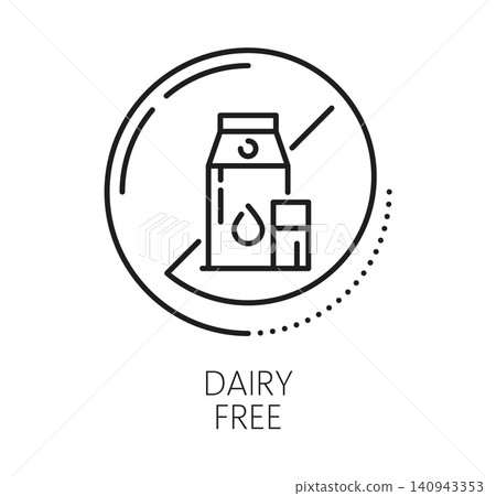 Dairy free outline icon featuring prohibited milk carton symbol inside round no sign with clear text. Black allergen free symbol for safe ingredient communication. Linear pictogram for vegan food Dairy free outline icon featuring prohibited milk carton symbol inside round no sign with clear text. Black allergen free symbol for safe ingredient communication. Linear pictogram for vegan food 140943353
