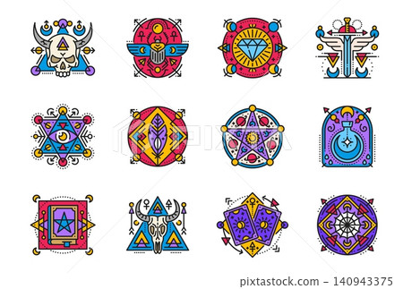 Esoteric mystic tarot card line symbols, boho tattoo vector icons set. Astrology signs, skulls, crystal, potion bottle, sacred geometry, sun and moon elements, wicca and pagan colorful linear symbols 140943375