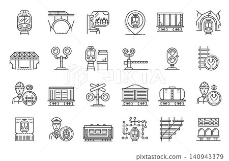 Railroad icons of railway and subway trains, rail road transport set. Vector line railway tracks, locomotive vehicle, passenger railroad car and cargo container, metro tunnel, bridge and ticket icons Railroad icons of railway and subway trains, rail road transport set. Vector line railway tracks, locomotive vehicle, passenger railroad car and cargo container, metro tunnel, bridge and ticket icons 140943379
