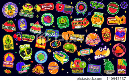 Tropical fruit and drink y2k groovy patch stickers, smoothie and juice retro funky labels. Vector cartoon strawberry, banana, apple and orange character stickers pack. Cute fruit and berry emojis Tropical fruit and drink y2k groovy patch stickers, smoothie and juice retro funky labels. Vector cartoon strawberry, banana, apple and orange character stickers pack. Cute fruit and berry emojis 140943387