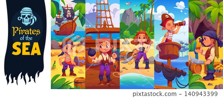 Kids pirates and corsairs, funny sailors. Cartoon children characters explore sunny tropical beach and wooden ship, searching for treasure chests while one looks through a telescope among palm trees Kids pirates and corsairs, funny sailors. Cartoon children characters explore sunny tropical beach and wooden ship, searching for treasure chests while one looks through a telescope among palm trees 140943399