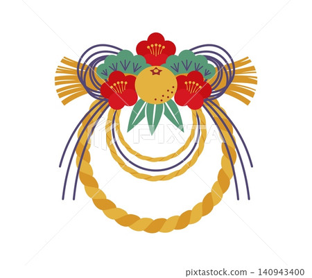 Traditional Japanese New Year shimenawa wreath decor with braided straw rope, red plum blossoms, green leaves and orange citrus fruit with cords and tassels conveying festive seasonal luck and welcome Traditional Japanese New Year shimenawa wreath decor with braided straw rope, red plum blossoms, green leaves and orange citrus fruit with cords and tassels conveying festive seasonal luck and welcome 140943400