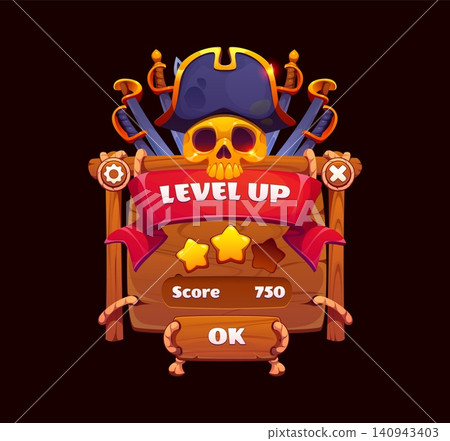Cartoon pirate game UI level up popup window. Wooden plank panel with bold red ribbon Level Up banner, golden skull in tricorn hat and crossed cutlass swords. Cartoon interface of mobile pirate game Cartoon pirate game UI level up popup window. Wooden plank panel with bold red ribbon Level Up banner, golden skull in tricorn hat and crossed cutlass swords. Cartoon interface of mobile pirate game 140943403