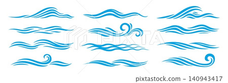 Blue sea and ocean wave icons of water surf splashes with ripple texture. Summer sea waves, ocean flood tides and river flows isolated silhouettes with wavy lines and curls shapes, marine nature Blue sea and ocean wave icons of water surf splashes with ripple texture. Summer sea waves, ocean flood tides and river flows isolated silhouettes with wavy lines and curls shapes, marine nature 140943417