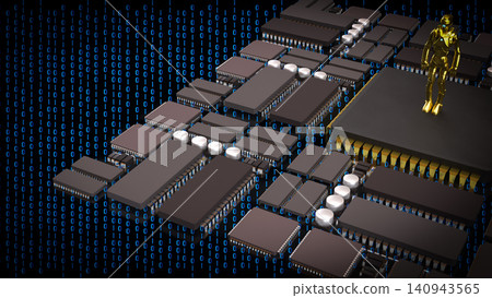 Golden Humanoid Robot On Digital Data Stage 3d render. Golden Humanoid Robot On Digital Data Stage 3d render. 140943565