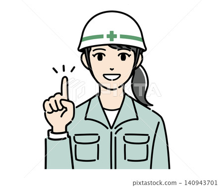 An illustration of a young woman in a white helmet and work clothes pointing and explaining. An illustration of a young woman in a white helmet and work clothes pointing and explaining. 140943701
