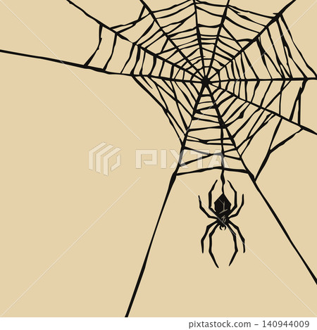 Spider web and spider silhouette on beige square background have blank space. Spider web and spider silhouette on beige square background have blank space. 140944009