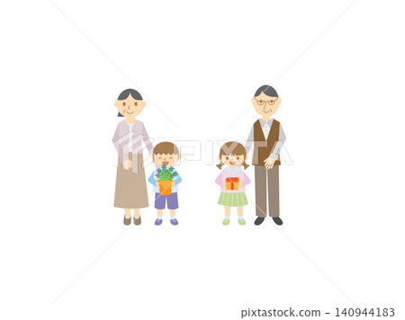 A set of illustrations depicting grandparents receiving gifts from their grandchildren on Retirement Day. 140944183