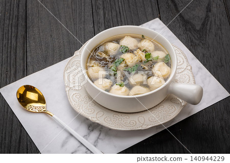 traditional Asian Fish Ball Soup with Seaweed and Fresh Cilantro traditional Asian Fish Ball Soup with Seaweed and Fresh Cilantro 140944229