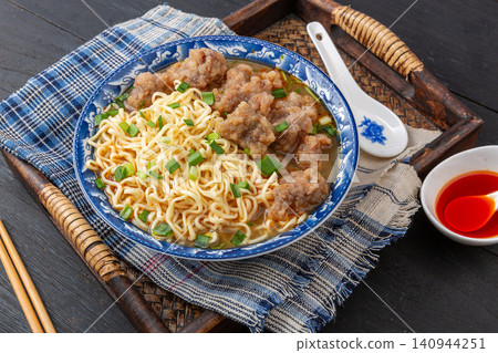 chinese Instant Noodles with Donkey Meatballs and Savory Broth, Quick Meal Dim Sum 140944251