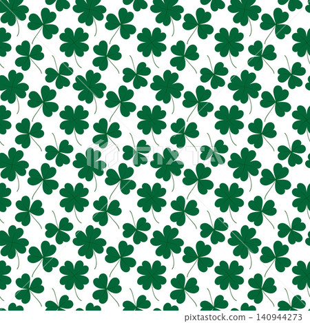 Repeating seamless pattern of four leaf clovers and shamrocks scattered across white background. Minimal flat design Poster or web promo banner, label, price tag, greeting thematic card, post backdrop Repeating seamless pattern of four leaf clovers and shamrocks scattered across white background. Minimal flat design Poster or web promo banner, label, price tag, greeting thematic card, post backdrop 140944273