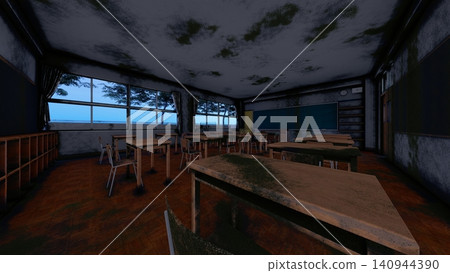 廢棄校舍與操場的恐怖背景：3DCG 插圖 140944390