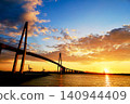Shinminato Bridge illuminated by the setting sun 140944409