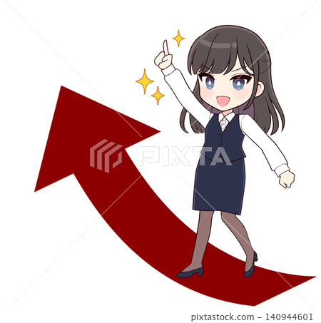 A long-haired office lady with black hair is pointing upwards (arrow). A long-haired office lady with black hair is pointing upwards (arrow). 140944601