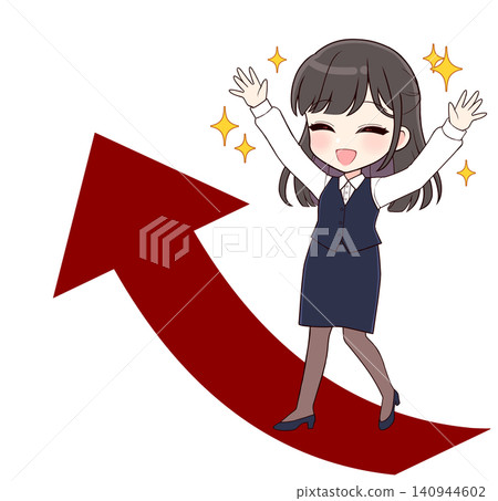A long-haired office lady raises her hand in joy (arrow) 140944602