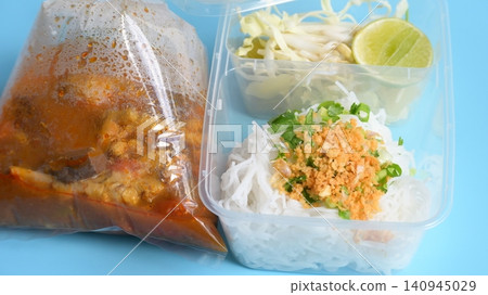 rice vermicelli with northern thai curry sauce in plastic bag rice vermicelli with northern thai curry sauce in plastic bag 140945029