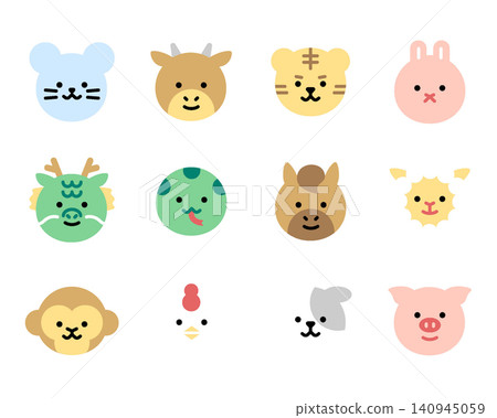 12 Zodiac Animal Character Face Icon Set - Flat Color 12 Zodiac Animal Character Face Icon Set - Flat Color 140945059