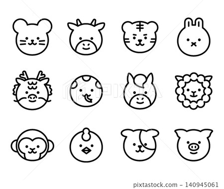 12 Zodiac Animal Character Face Icon Set - Line Outline 12 Zodiac Animal Character Face Icon Set - Line Outline 140945061