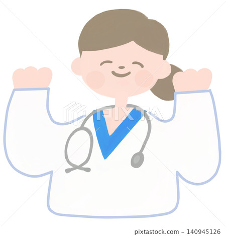 An illustration of a female doctor raising both hands in joy. An illustration of a female doctor raising both hands in joy. 140945126