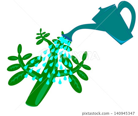 Teal watering can pouring water onto a stylized green leafy plant vector illustration Teal watering can pouring water onto a stylized green leafy plant vector illustration 140945347