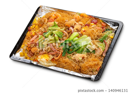 large Platter of Stir-Fried Rice Vermicelli with Seafood and Vegetables large Platter of Stir-Fried Rice Vermicelli with Seafood and Vegetables 140946131
