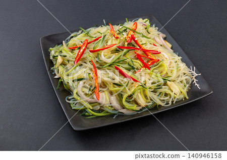 chinese Cold Glass Noodle Salad with Cucumber and Red Chili Peppers 140946158