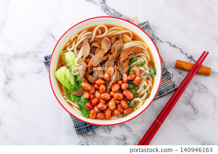 chinese Rice Noodles Soup with Braised Chicken Gizzards and Fried Peanuts chinese Rice Noodles Soup with Braised Chicken Gizzards and Fried Peanuts 140946163