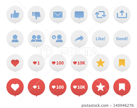A set of social media icons and reactions (like, heart, comment, share, vector, transparent background). A set of social media icons and reactions (like, heart, comment, share, vector, transparent background). 140946276