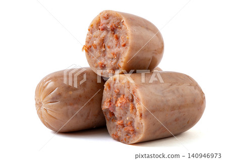 sliced Donkey Meat Menzi Sausage Isolated on White Background 140946973