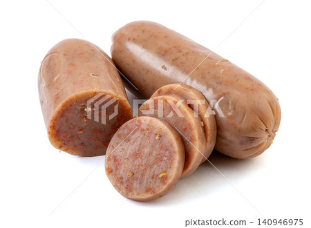 sliced Donkey Meat Menzi Sausage Isolated on White Background 140946975