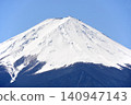 在湛藍的天空下，富士山的雪峰被染成一片白色，而林線以下的樹木也被積雪覆蓋，使森林山麓呈現出灰濛濛的色調。 140947143