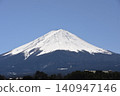 在湛藍的天空下，富士山的雪峰被染成一片白色，而林線以下的樹木也被積雪覆蓋，使森林山麓呈現出灰濛濛的色調。 140947146